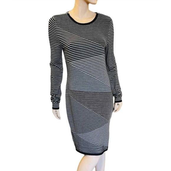 Michael Kors Ponte Knit Heather Pearl Gray Stripe Knit Dress Stretch Fitted sz S - Picture 2 of 13